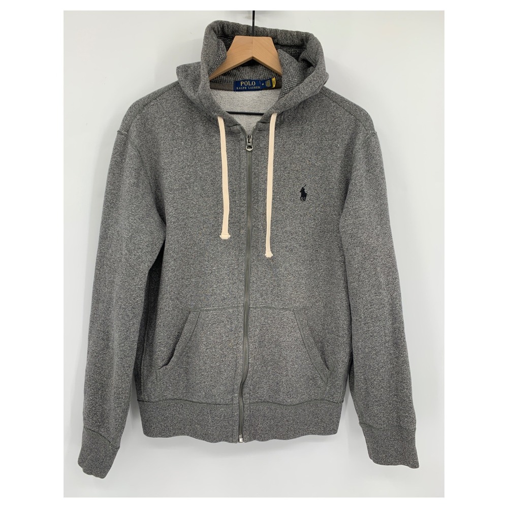Polo Ralph Lauren Sweater Mens Medium Gray Full Zip Hoodie Waffle Lined Hood